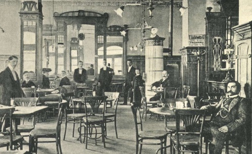 Korzó kávéház,jobbra a tulajdonos:Rechnitzer Andolf,1905-ben.