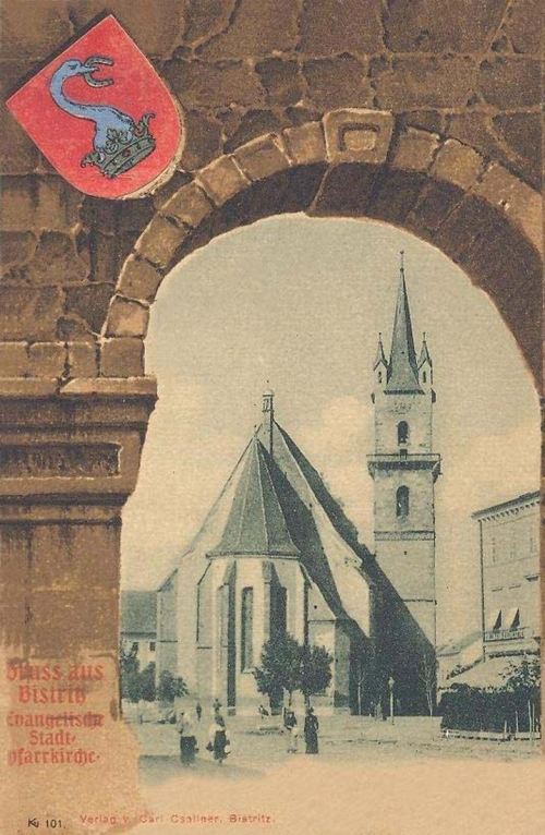 Beszterce:evangélikus templom,város cimere.1901