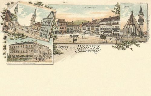 Beszterce-Bistritz-Bistrita:főtér,templom,Megyeháza.(kőnyomat).1899