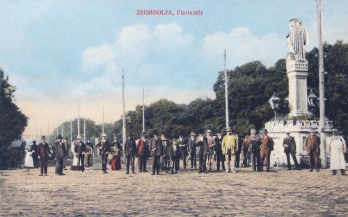 Zsombolya:Flórián tér a szent Flórián szoborral.1913